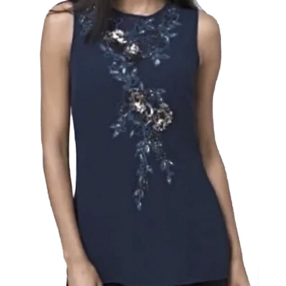 White House Black Market Crystal Teal Sequins Floral Tunic Blouse Size 4 - NWOT